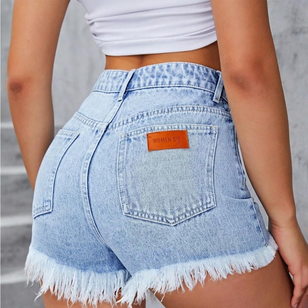 Jean Shorts Womens Letter Patched Distressed Detail Raw Hem Denim Shorts - Picture 4 of 8